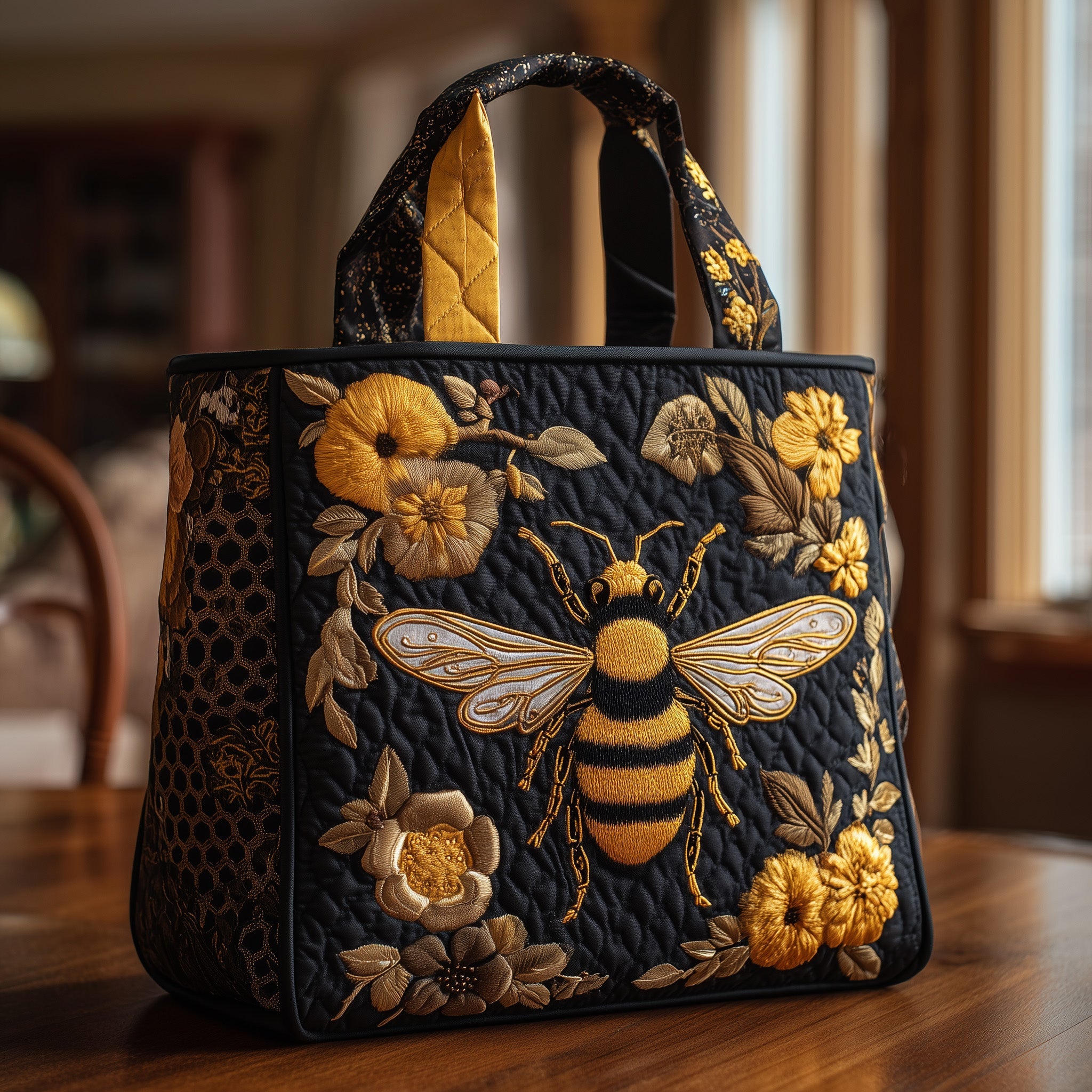 Women'S Work Bags Designer - Lüks Siyah Altın Arı Desenli Kapitone