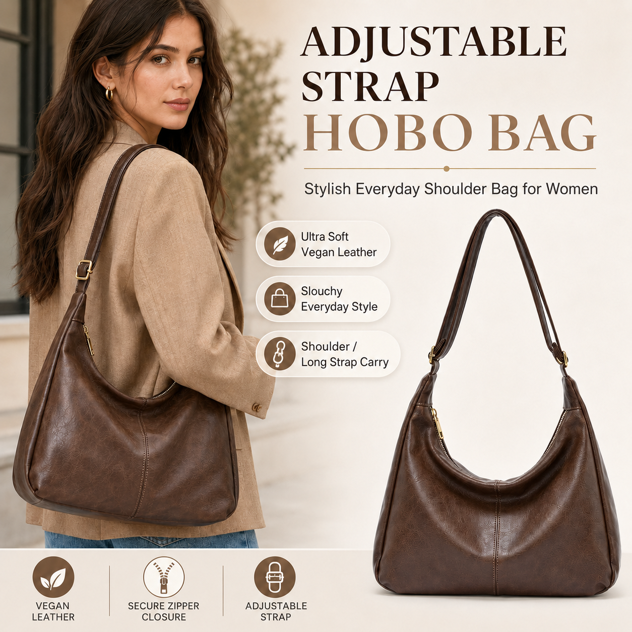 Hobo Bag Slouchy - Ayarlanabilir Askılı Kadınlar İçin Hobo Çanta,