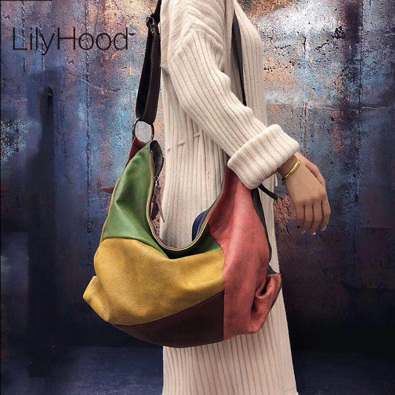 Hobo Bag Slouchy - Büyük boy kadın hakiki deri Patchwork